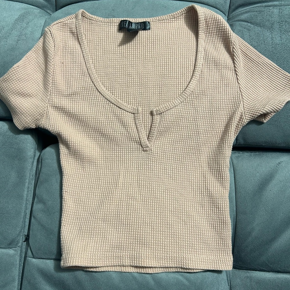 Revamped Beige Ribbed Short Sleeve Top